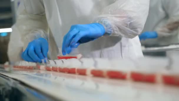 A person with gloves takes food from working conveyor at a plant. — Stock Video