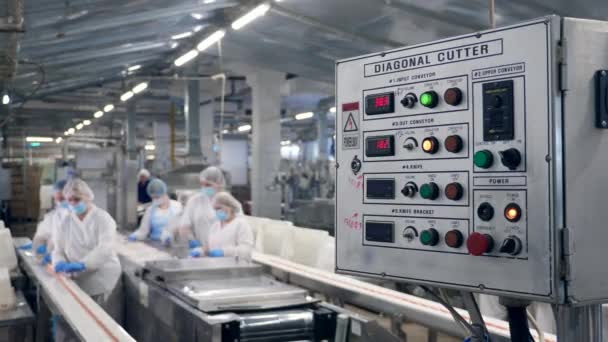 La gente trabaja en una instalación con una máquina en una fábrica de alimentos . — Vídeo de stock