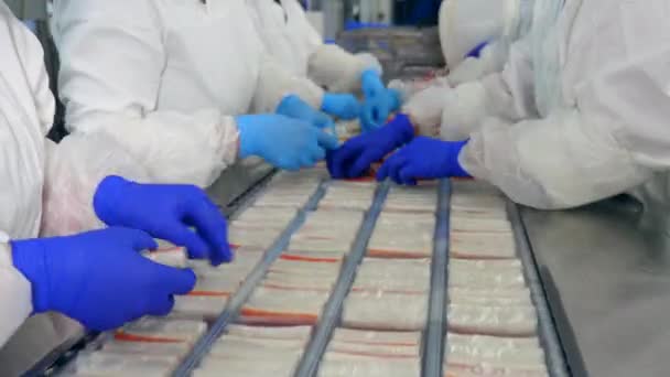 Arbeiter einer Lebensmittelfabrik verpacken Produkte in Plastikschalen an einer Linie. — Stockvideo