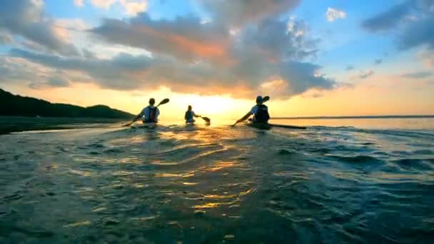 As pessoas estão navegando em canoas durante o pôr do sol — Vídeo de Stock