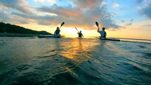 Groupe de personnes font du canoë le long des eaux du coucher du soleil — Video