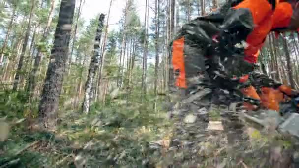 Pracovník v uniformě rozřezává kmen stromu motorovou pilou. — Stock video