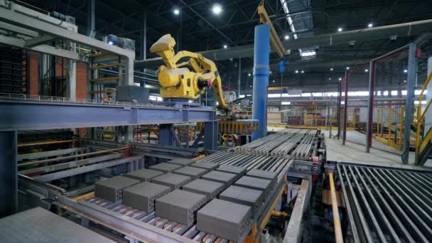 Σύγχρονος βιομηχανικός εξοπλισμός εργοστασίου κάνει μετεγκατάσταση τούβλων στον μεταφορέα — Αρχείο Βίντεο