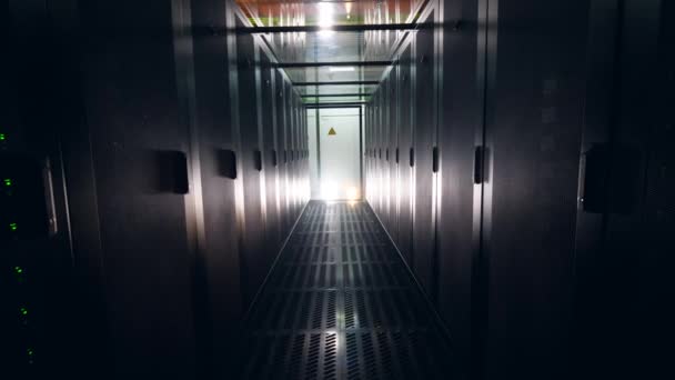 Tomt rum med Server enheter och en passage. Serverrum för Cloud Computing-datacenter. — Stockvideo