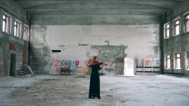 Un violinista toca el violín mientras actúa solo en un edificio abandonado . — Vídeos de Stock