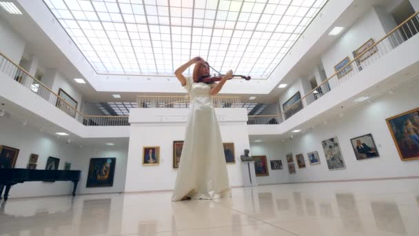 Une femme avec un violon joue seule dans une salle de musée . — Video