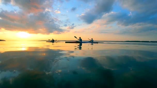 Oarsmen are floating along the smooth water surface — Stock Video