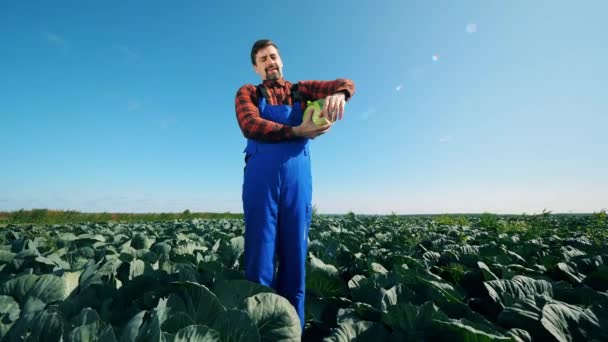 Ο γεωνομιστής κρατά το λάχανο και χαμογελάει — Αρχείο Βίντεο