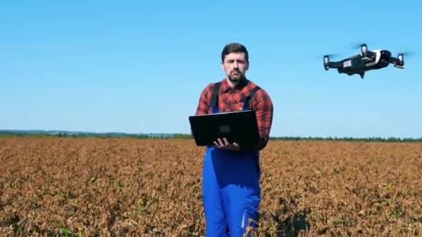 Дрон летит рядом с агротехником с ноутбуком — стоковое видео