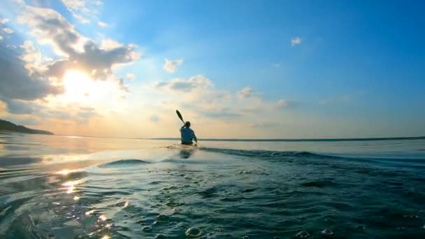 男性の漕ぎ手は水を通して耕している — ストック動画