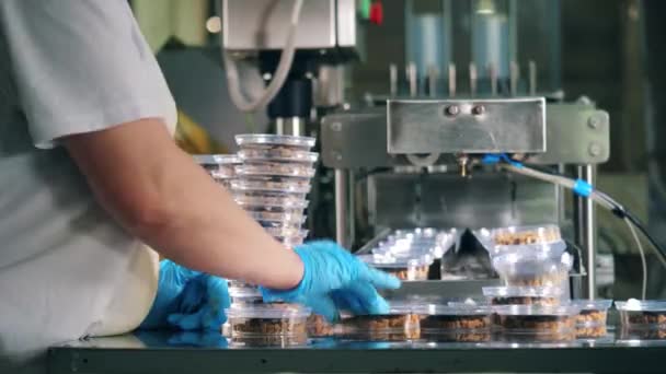 İşçi ekmek aperatifler ile plastik kutular istifleme — Stok video