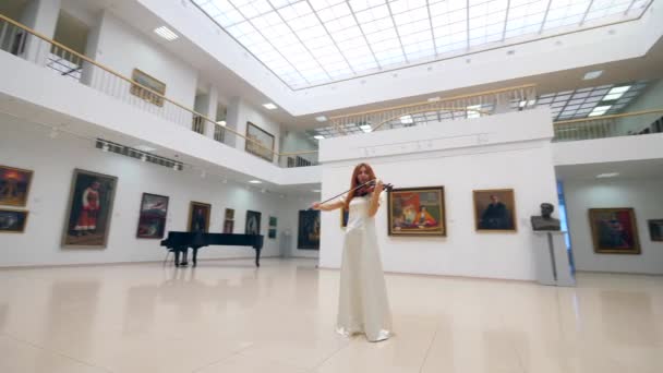 Художня галерея з дамою, яка професійно грає на скрипці — стокове відео