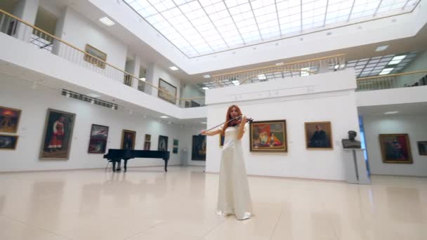 Galería de arte con una dama tocando el violín profesionalmente — Vídeo de stock