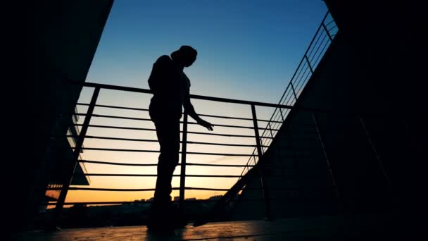 Skateboarder silhouette. Teenager skater lifts his board on a sunset background. — Stock Video