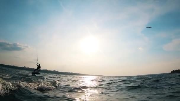 Мужчина катается на кайтсерфе вдоль берега реки — стоковое видео