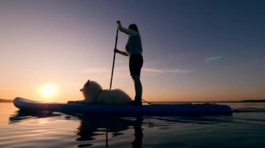 Genç bir kadın ve köpeğinin stand-up paddleboarding