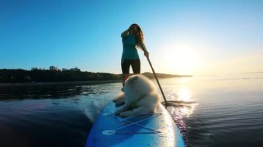Paddleboard'a binen bir bayan ve köpeğinin ön görünümü