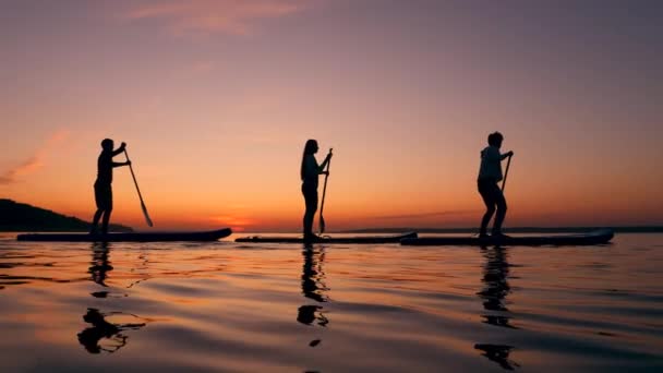 Lago Sunset con un equipo de jóvenes haciendo SUP — Vídeos de Stock