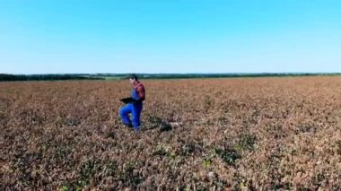 Bir çiftçi kuru bir tarlada mahsulleri kontrol ediyor..