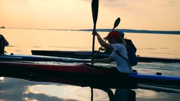 Гребцы плывут по озеру на каноэ — стоковое видео
