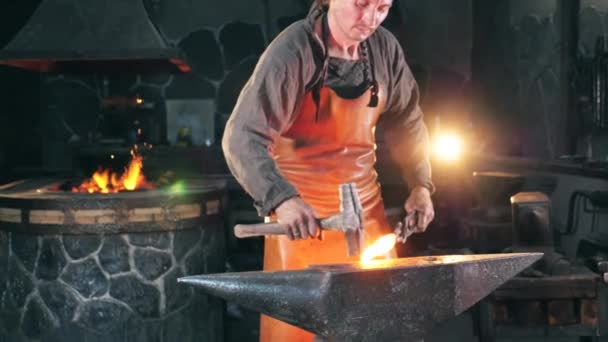 Trabalhador masculino está martelando ferro em câmera lenta — Vídeo de Stock