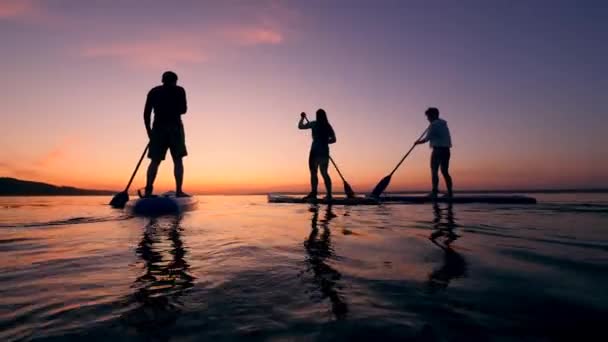 Jóvenes entrenando con sup surfs en el agua . — Vídeo de stock