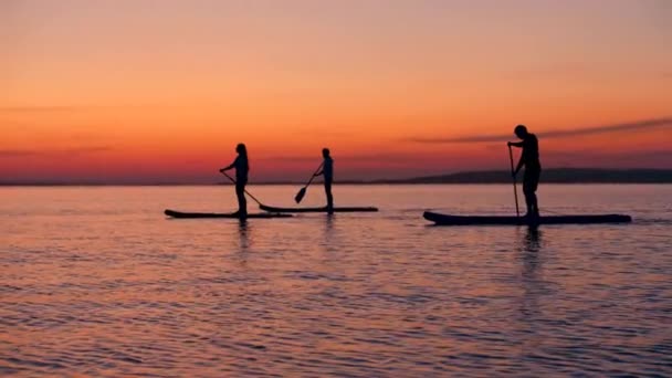 Три людини стоять на дошці для серфінгу під час вечері . — стокове відео