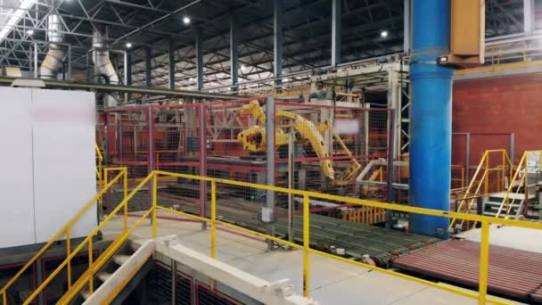 現代のロボット機構は工場で製品を移動させている。産業革命4.0 — ストック動画
