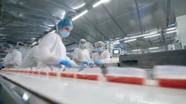 Çalışan kadın çalışanları olan balık yemi üretim birimi. Fabrika İşçileri Ürünleri Topluyor.