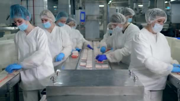 Trabalhadores da fábrica Montagem de produtos. Processo de transporte de produtos de caranguejo na posse de pessoal feminino — Vídeo de Stock