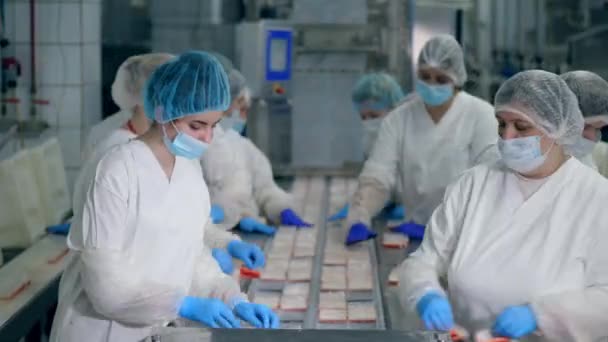 Il personale della fabbrica sta imballando bastoncini di pesce. Fabbrica Lavoratori Assemblaggio prodotti . — Video Stock