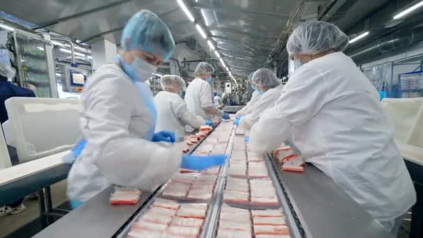 Las obreras están reubicando palitos de pescado. Trabajadores de fábrica Montaje de productos . — Vídeo de stock