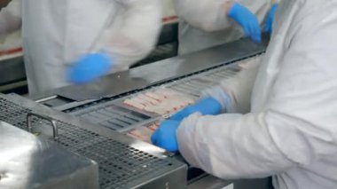 Yengeç çubukları fabrika personeli tarafından paketleniyor.