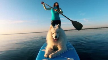 Kız ve beyaz köpek nehirde birlikte yemek yiyorlar..