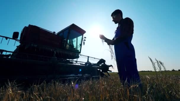 Мужчина-культиватор, фермер стоит на поле рядом с комбайном — стоковое видео