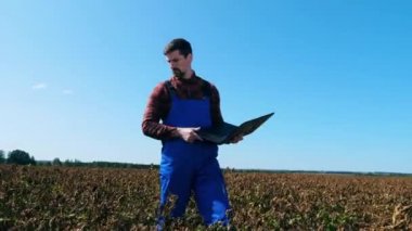 Dizüstü bilgisayarı olan bir tarım uzmanı solmuş plantasyon boyunca yürüyor. Ölü, kuru tarla tarımı bitkileri.