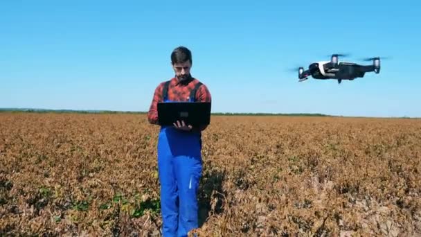 Landbrugeren navigerer en drone i det falmede felt – Stock-video