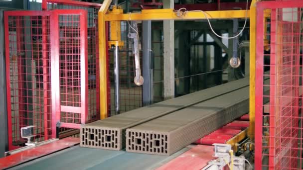 Bakstenen die op een geautomatiseerde transportband in een fabriek bewegen. — Stockvideo