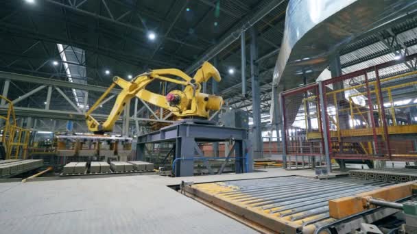 Robotmachine verplaatst bakstenen in een fabriek. — Stockvideo