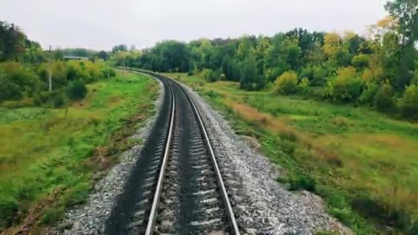 Зеленые деревья и железная дорога видели во время езды — стоковое видео