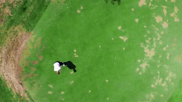 ストライキの後、ゴルフボールが穴を通って転がっている。失敗、失敗、悪い日の概念. — ストック動画
