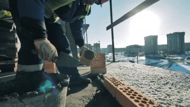 Costruttore maschio pone mattoni di fila. Cantiere, industria edile, concetto di lavoratore edile . — Video Stock