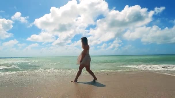 Kobieta bawi się na plaży w pobliżu wody, śmiejąc się. — Wideo stockowe