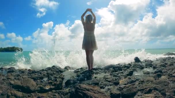 Une fille jouit de ses vacances, debout près de la mer. — Video