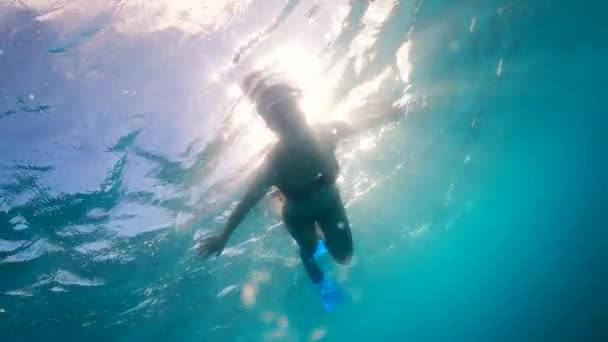 Jeune femme nage avec tuba sous l'eau. — Video