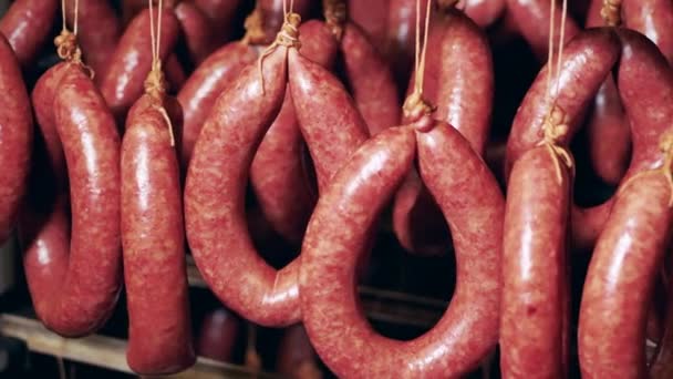 Gerookte worsten hangend in de eenheid van een vleesfabriek — Stockvideo