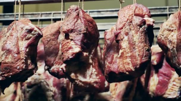 La carne especiada se almacena en la planta de envasado de carne — Vídeo de stock