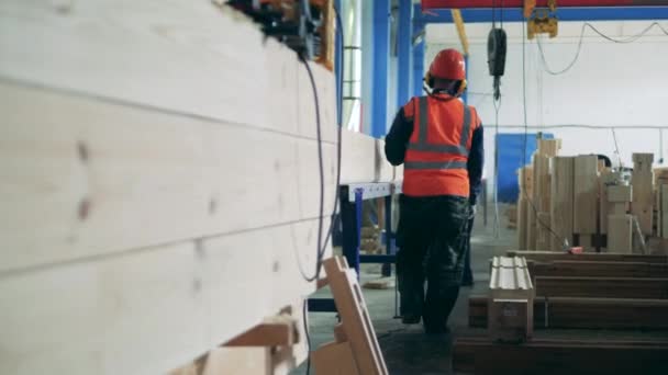 Los expertos de la fábrica están caminando a lo largo de la unidad de fábrica de carpintería — Vídeo de stock