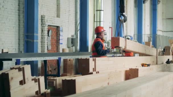 Os funcionários da fábrica estão transportando mecanicamente balks de madeira — Vídeo de Stock