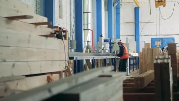 Fábrica industrial y un ingeniero masculino que trabaja con madera — Vídeo de stock